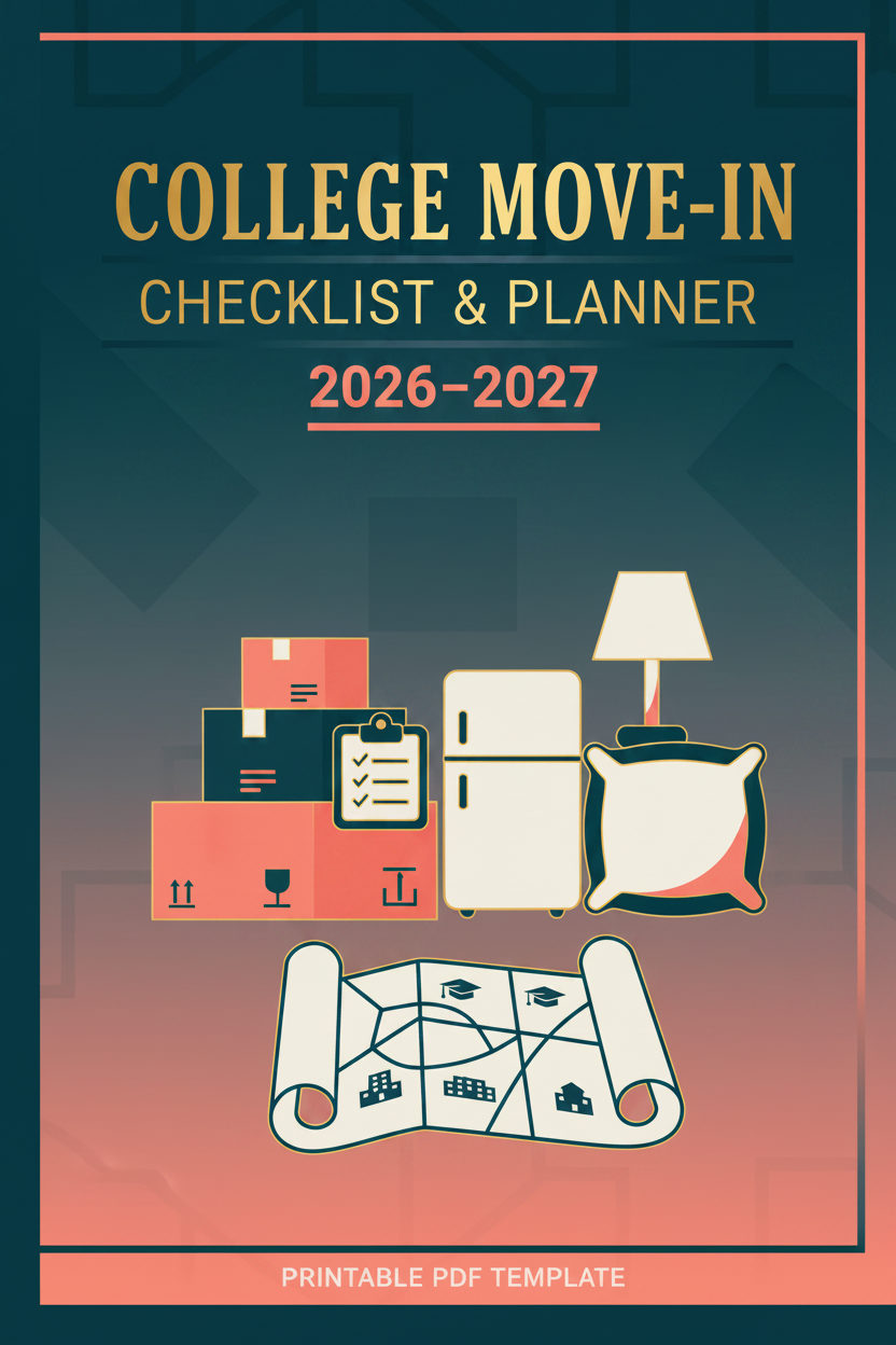 College Move-In Checklist and Planner 2026-2027 printable PDF cover – bold and vibrant style with deep teal, coral, and gold tones