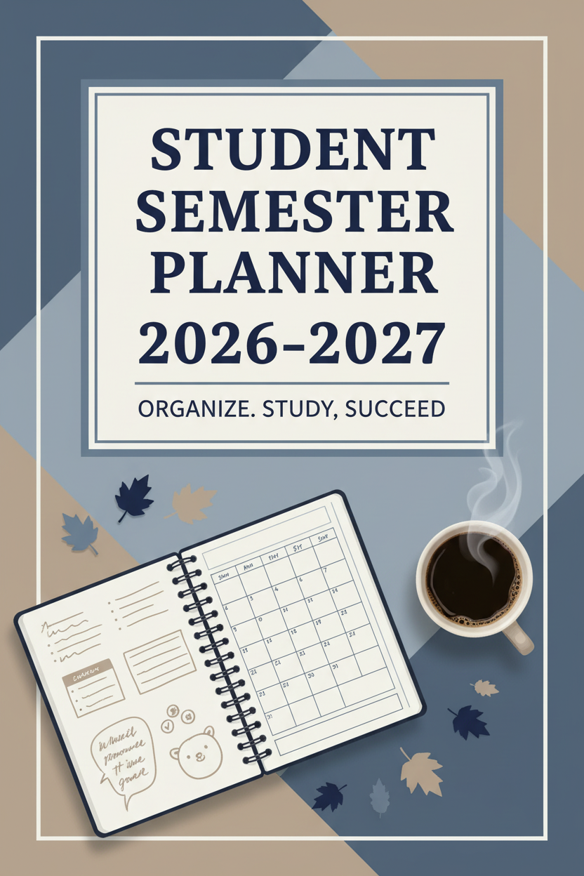 Student Semester Planner 2026-2027 printable PDF cover – gender-neutral slate blue, grey, and navy tones with open planner and autumn leaves