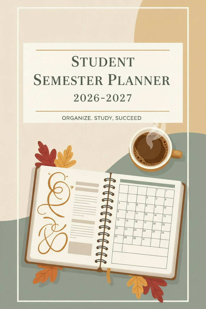 Student Semester Planner 2026-2027 printable PDF cover – warm cream, gold, and sage tones with open planner, coffee cup, and autumn leaves