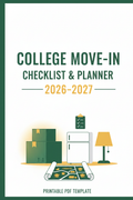 College Move-In Checklist and Planner 2026-2027 printable PDF cover – fresh and modern style with bright white, forest green, and warm yellow tones