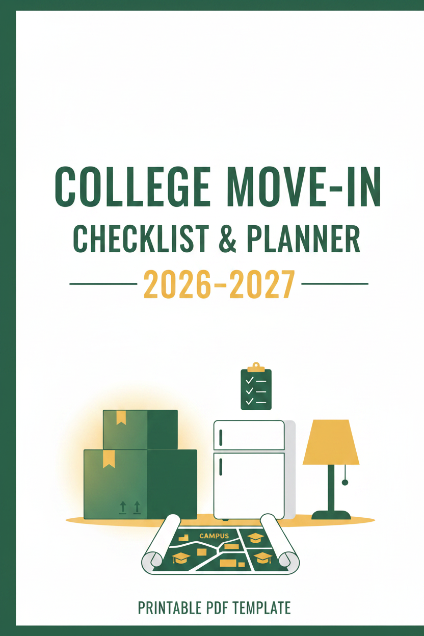 College Move-In Checklist and Planner 2026-2027 printable PDF cover – fresh and modern style with bright white, forest green, and warm yellow tones