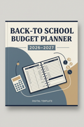 Back-to-School Budget Planner 2026-2027 printable PDF cover – gender-neutral slate blue, grey, and navy tones with open planner, calculator, and coins