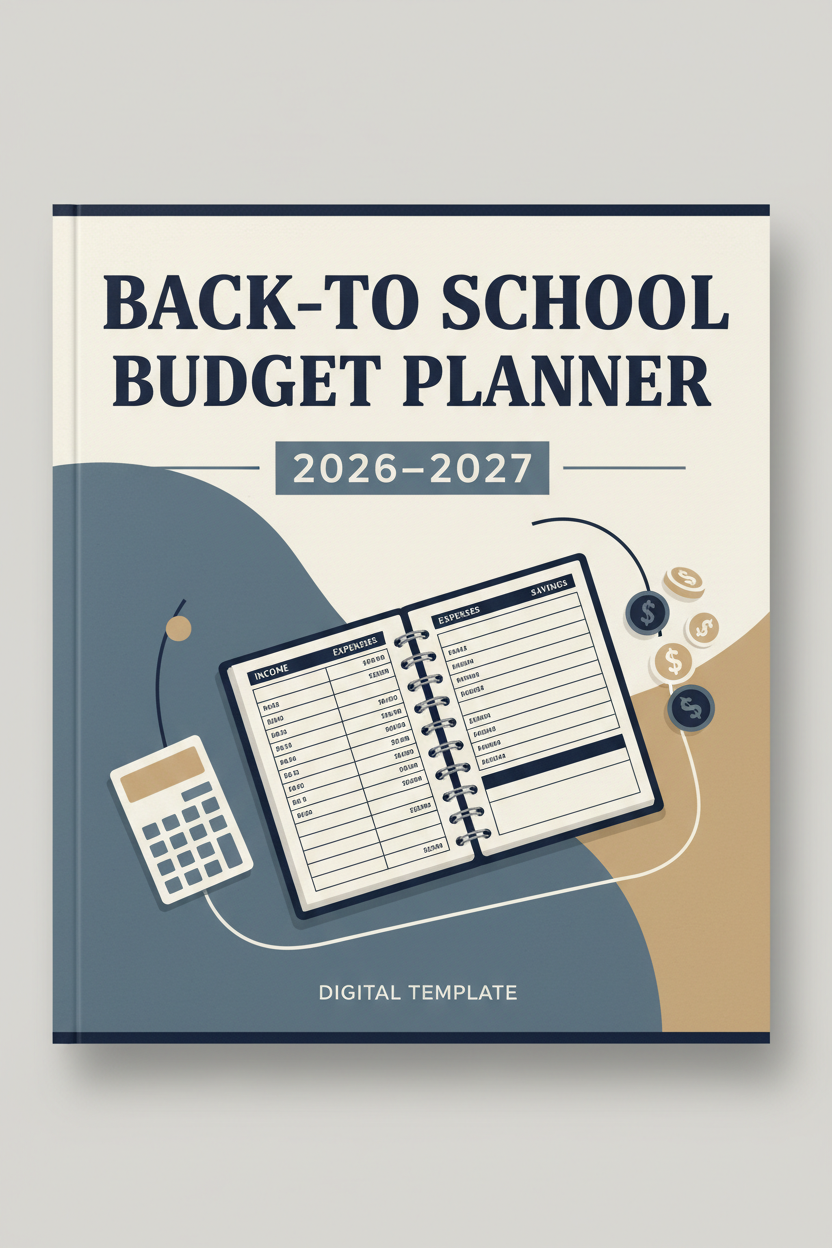 Back-to-School Budget Planner 2026-2027 printable PDF cover – gender-neutral slate blue, grey, and navy tones with open planner, calculator, and coins