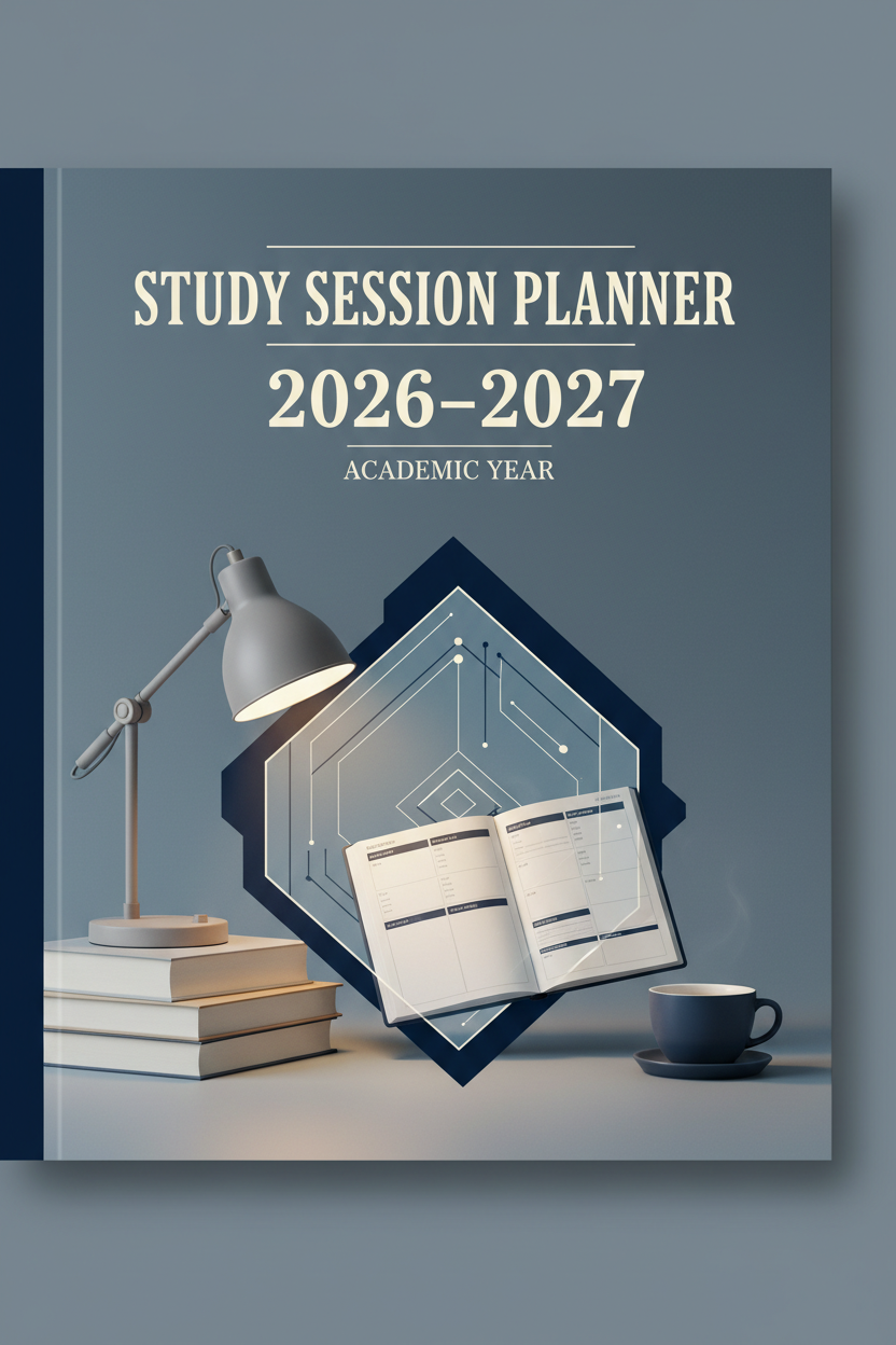 Study Session Planner 2026-2027 printable PDF cover – gender-neutral slate blue, grey, and navy tones with open planner, desk lamp, and books