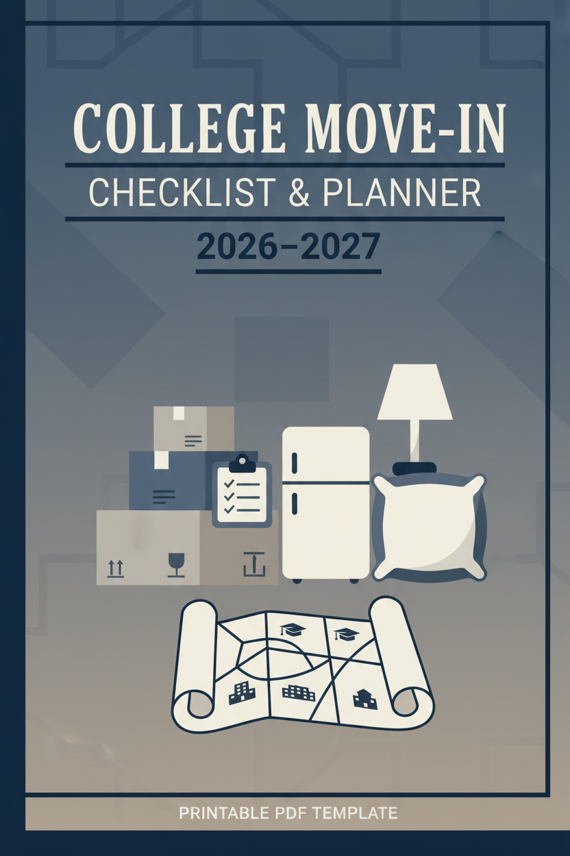 College Move-In Checklist and Planner 2026-2027 printable PDF cover – gender-neutral slate blue and navy tones with moving boxes, checklist, and dorm essentials