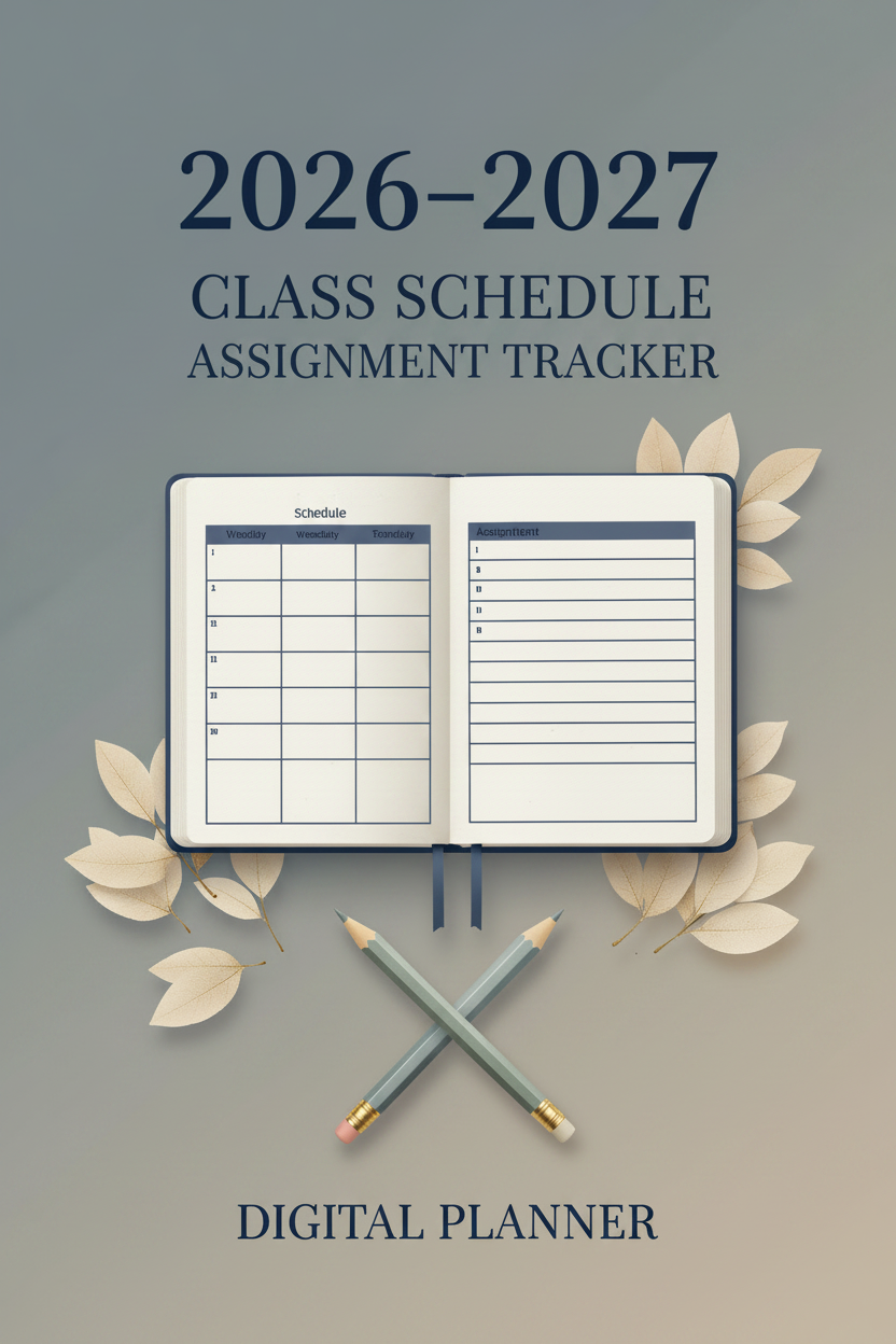 Class Schedule and Assignment Tracker 2026-2027 printable PDF cover – gender-neutral slate blue, grey, and navy tones with open planner and schedule grid